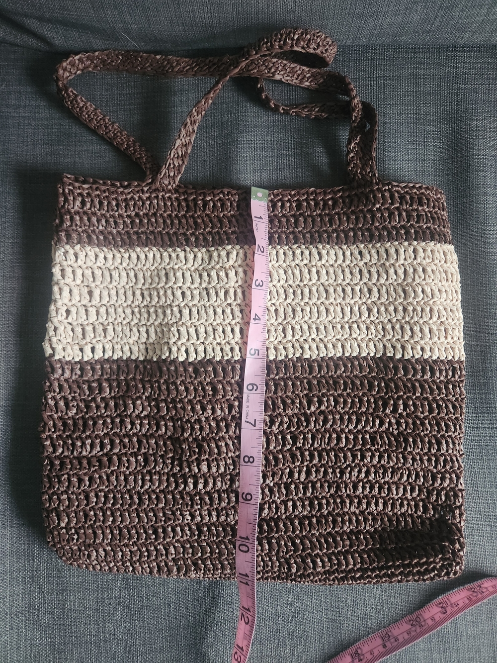 Handmade Raffia Brown and Cream Crochet Tote Bag - Picture 3 of 4